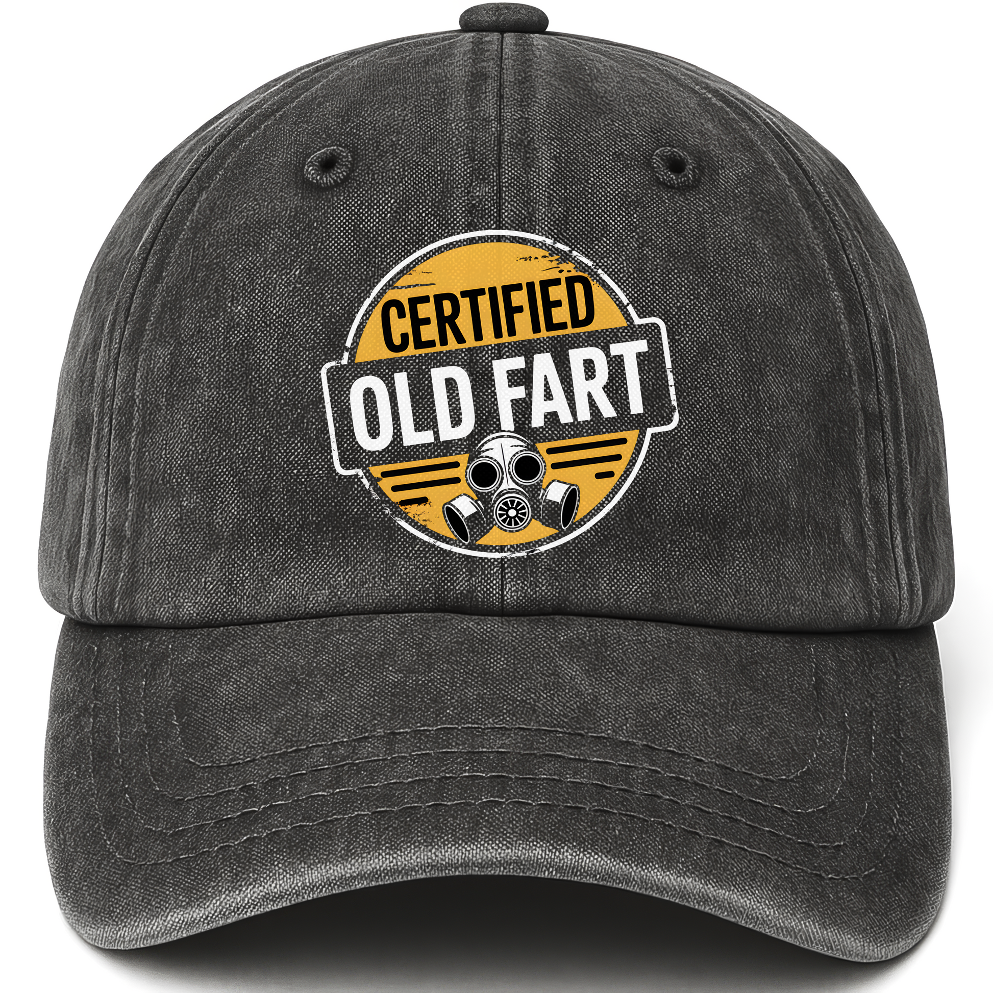 Black vintage washed cap with Certified Old Fart printed front design