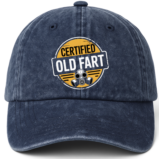 Navy vintage washed cap with Certified Old Fart printed front design
