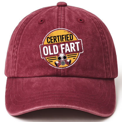 Wine Red vintage washed cap with Certified Old Fart printed front design