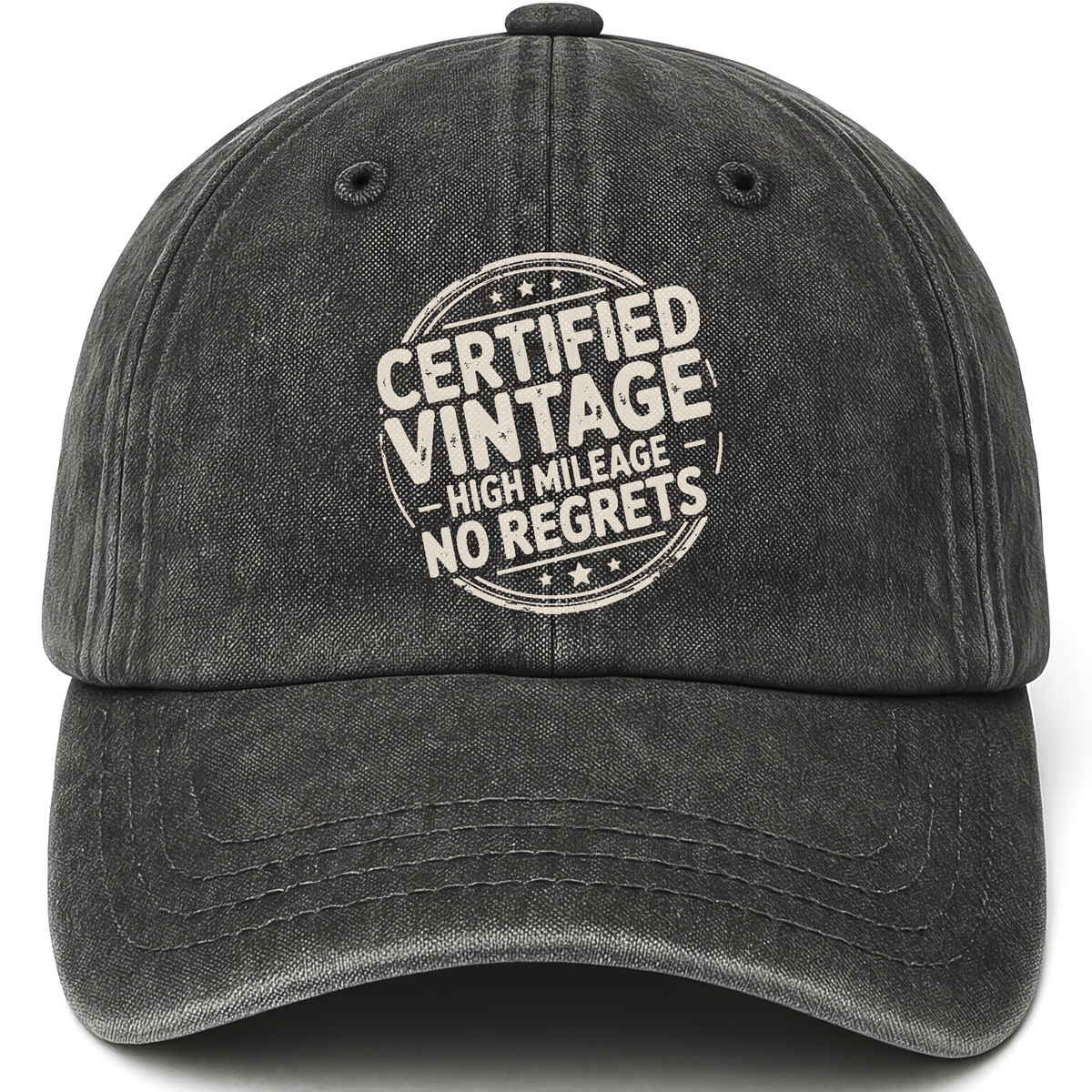 Black vintage washed cap with Certified Vintage printed front design