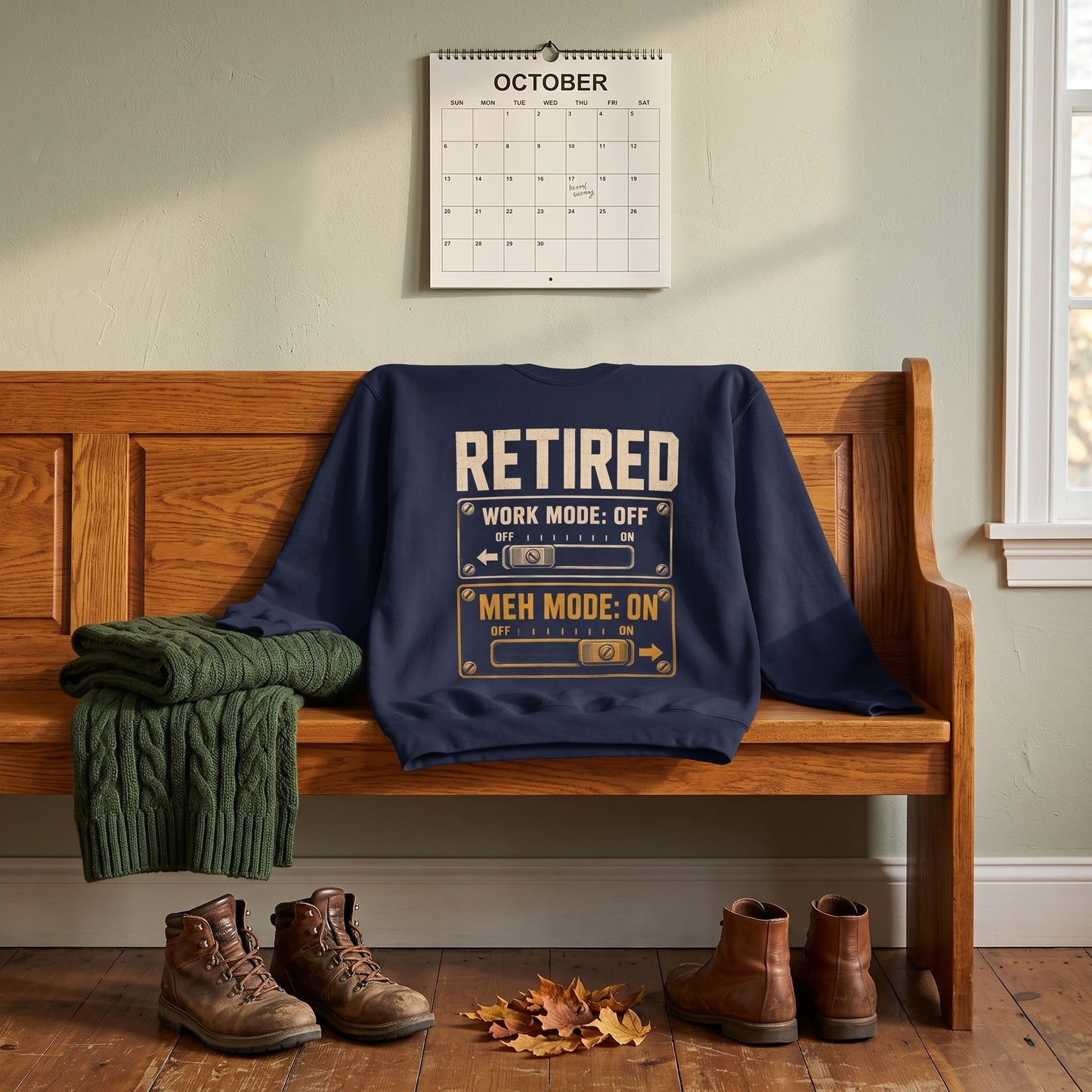 Oldmanism sweatshirt with Retired. Meh Mode On printed design on front