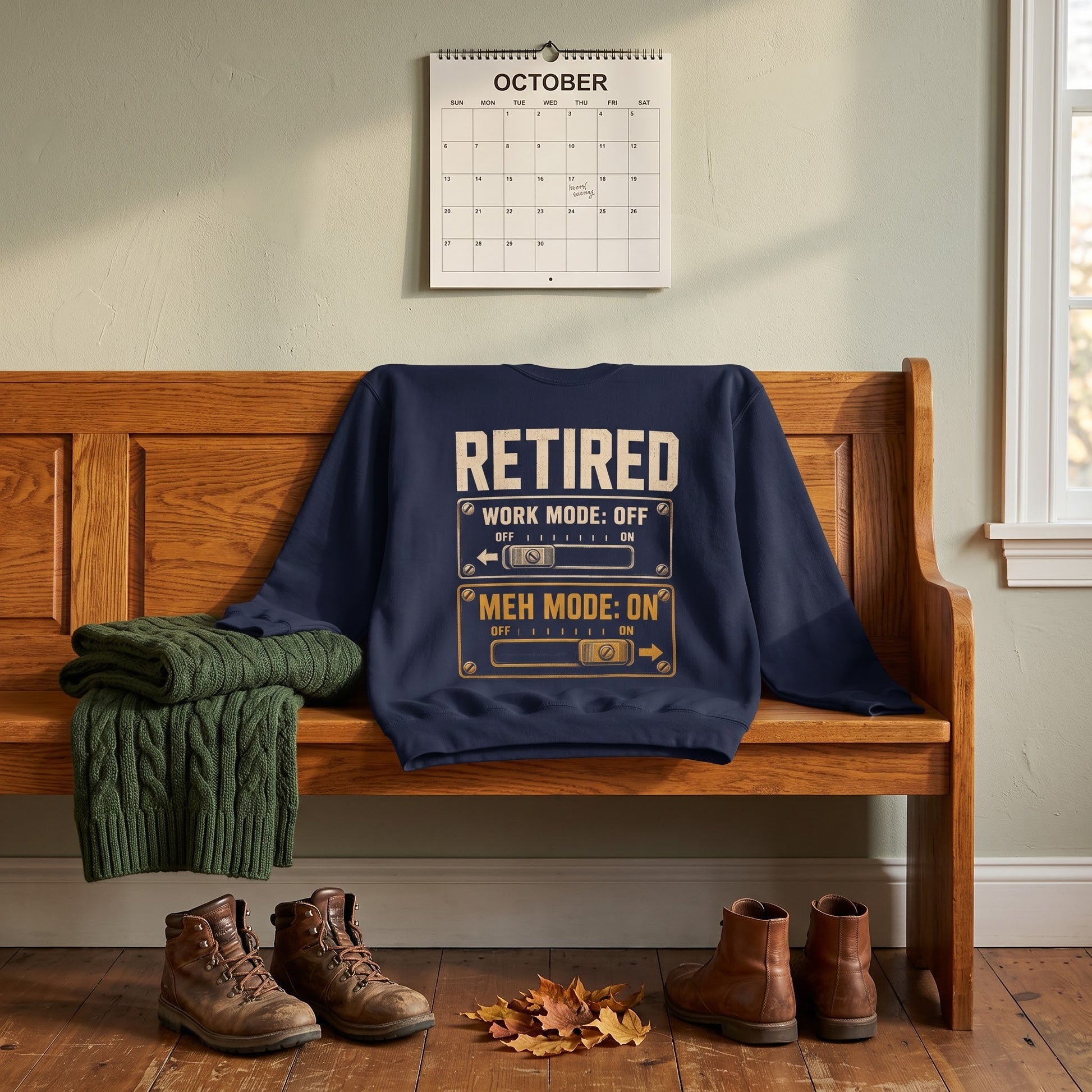 Oldmanism sweatshirt with Retired. Meh Mode On printed design on front