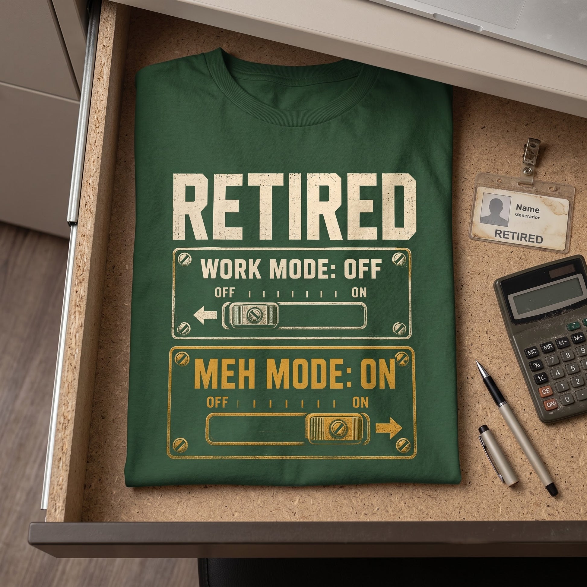 Casual vintage T-shirt with Retired. Meh Mode On printed design detail