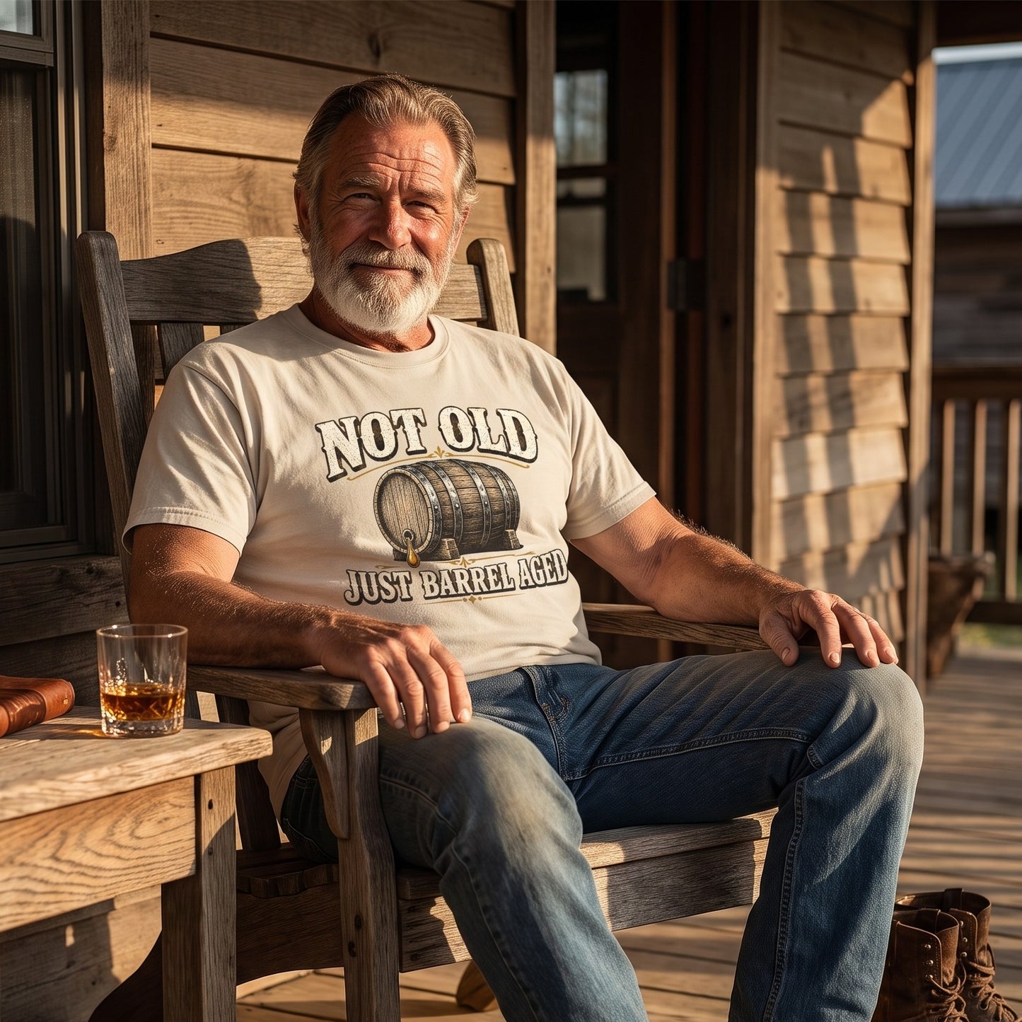 Man in cream T-shirt seated on rustic porch with whiskey glass