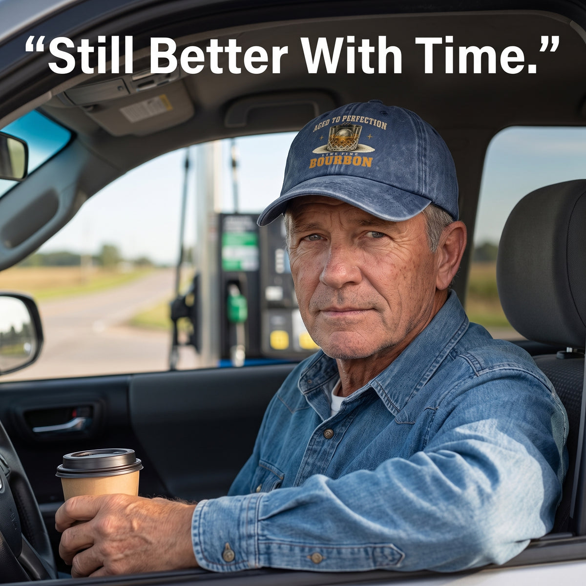 Senior man wearing navy bourbon cap while holding coffee in vehicle