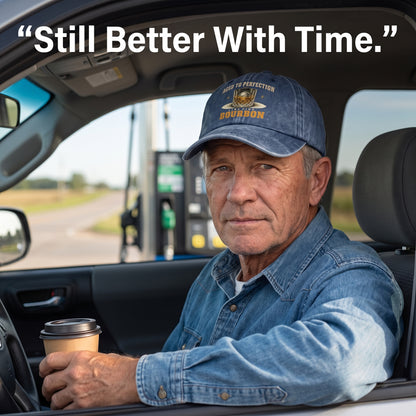 Senior man wearing navy bourbon cap while holding coffee in vehicle
