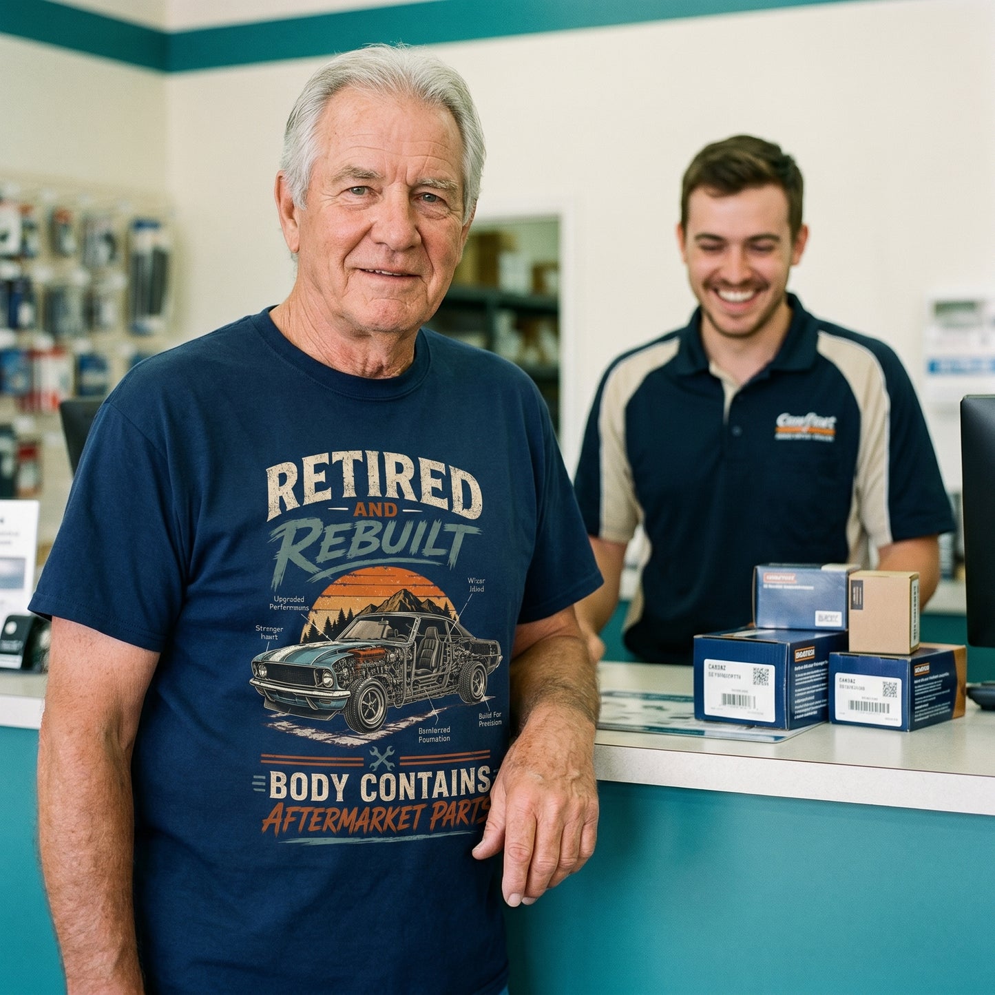 "Retired and Rebuilt: Body Contains Aftermarket Parts" Funny Vintage T-Shirt