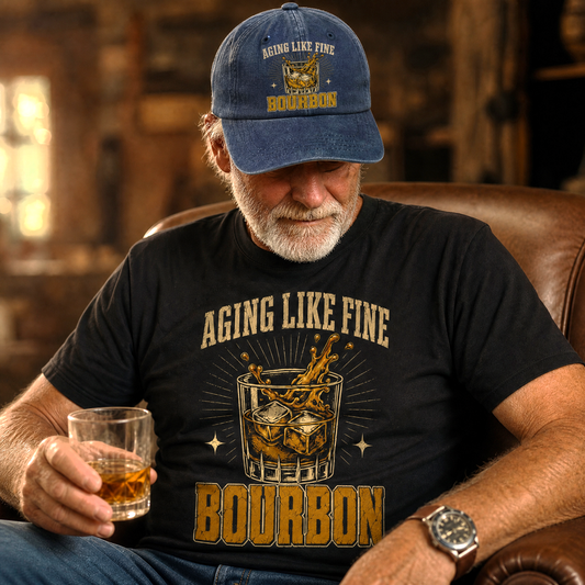 Senior man wearing navy Aging Like Fine Bourbon cap and black matching T-shirt