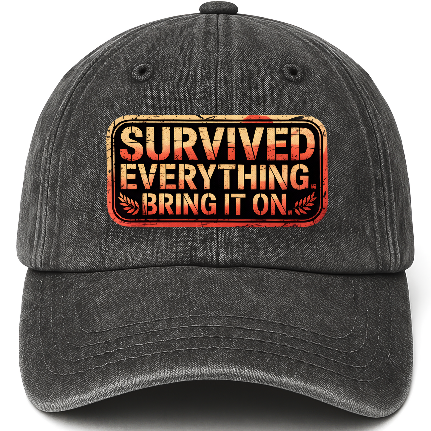 Black vintage washed cap with “Survived Everything. Bring It On.” Rusted West Grit Cap printed front design