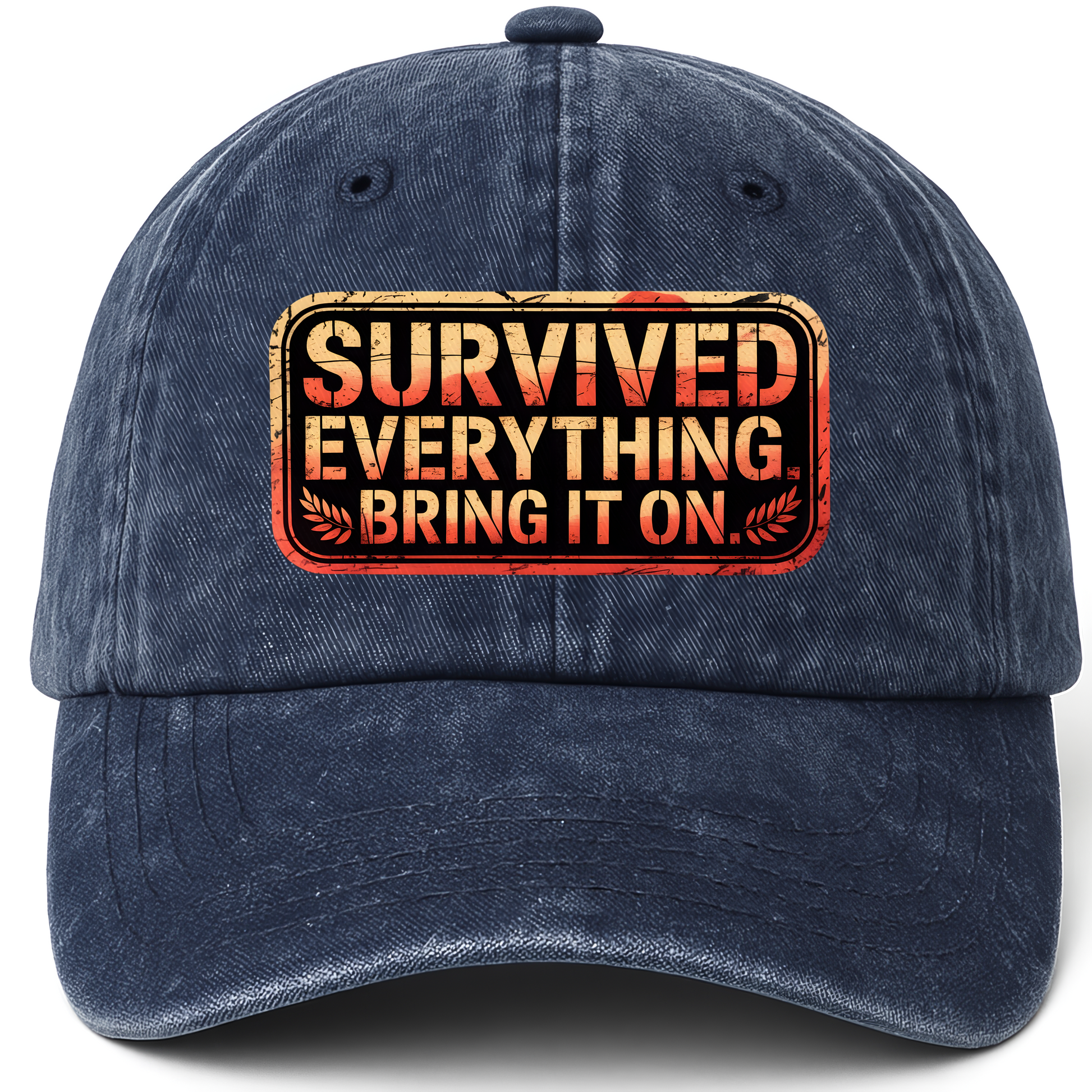 Navy vintage washed cap with “Survived Everything. Bring It On.” Rusted West Grit Cap printed front design