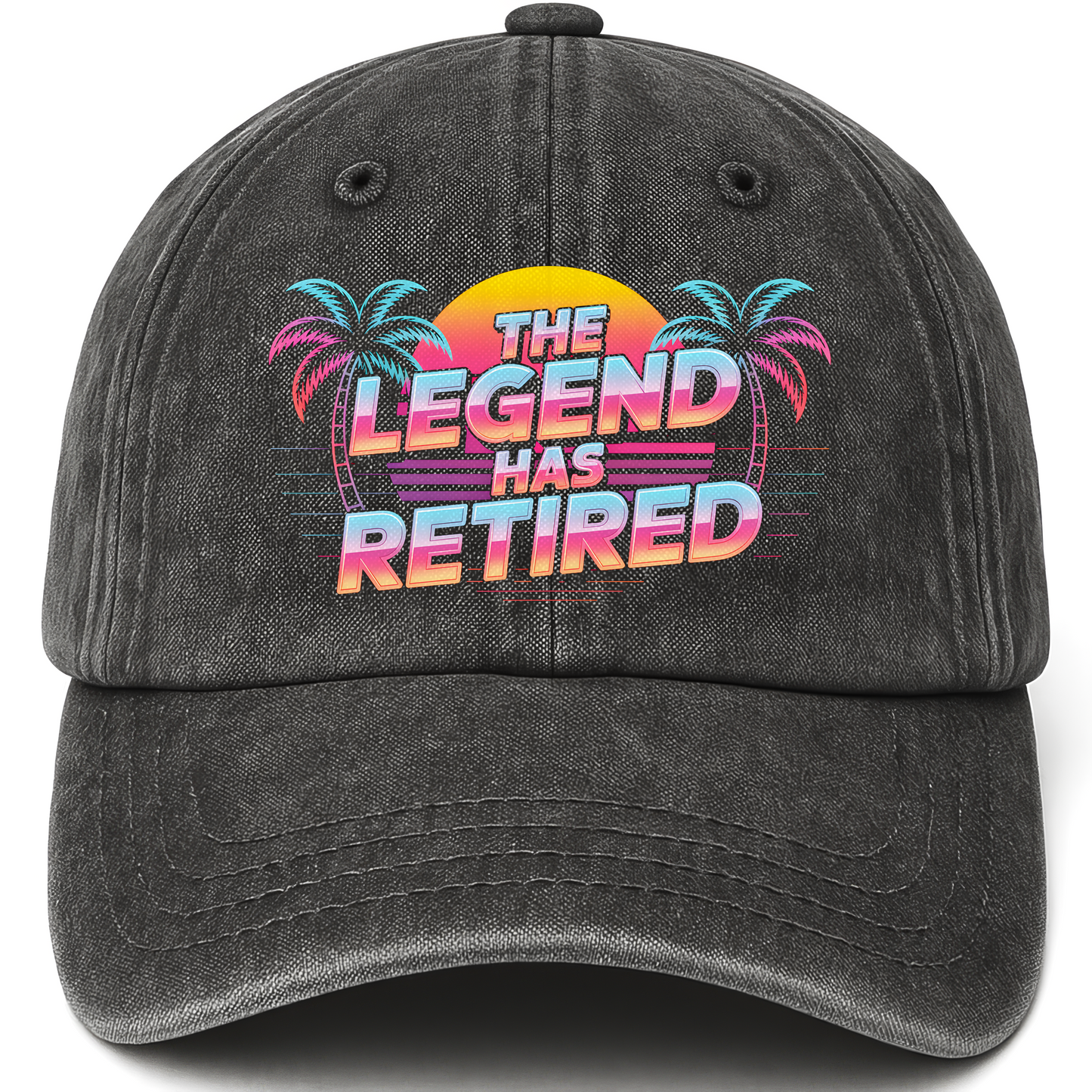 Black vintage washed cap with “The Legend Has Retired” Sunset Fadewave Icon Cap printed front design