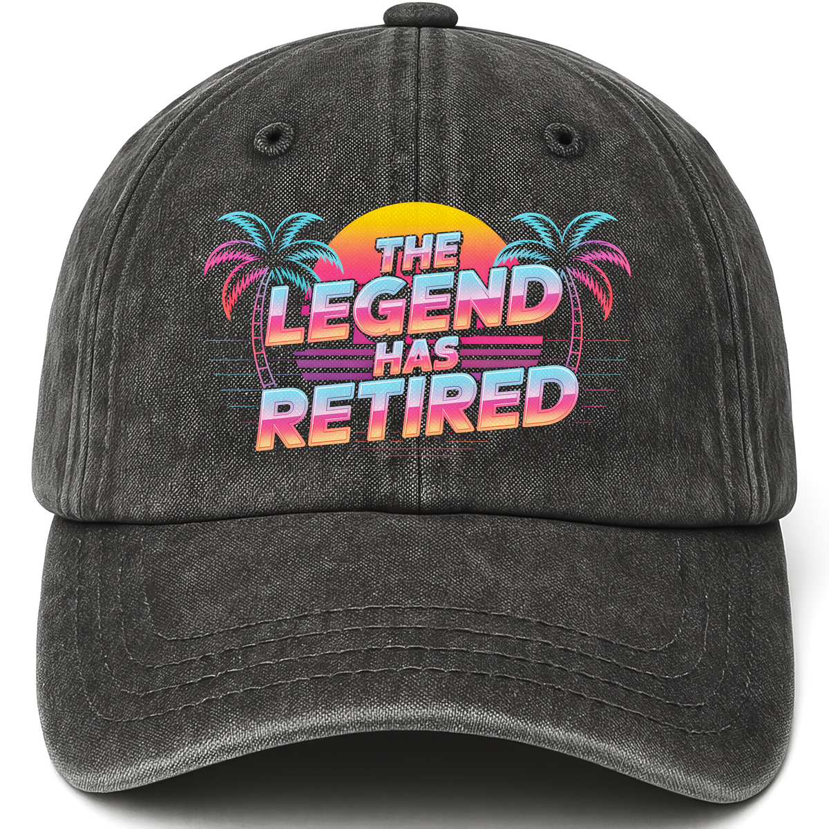 Black vintage washed cap with “The Legend Has Retired” Sunset Fadewave Icon Cap printed front design