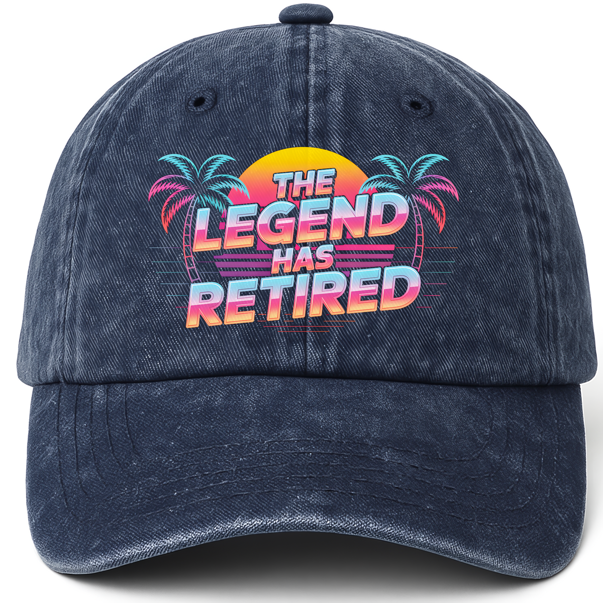 Navy vintage washed cap with “The Legend Has Retired” Sunset Fadewave Icon Cap printed front design