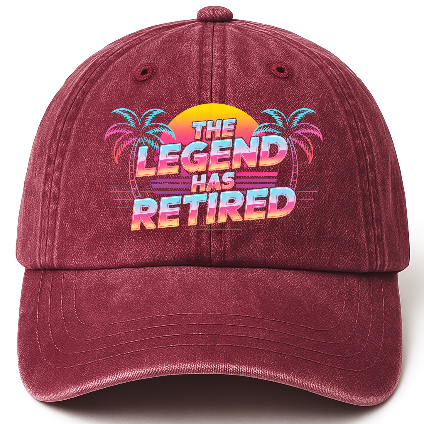 Wine Red vintage washed cap with “The Legend Has Retired” Sunset Fadewave Icon Cap printed front design
