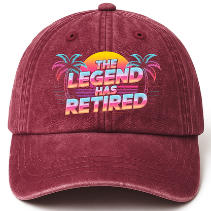 Wine Red vintage washed cap with “The Legend Has Retired” Sunset Fadewave Icon Cap printed front design
