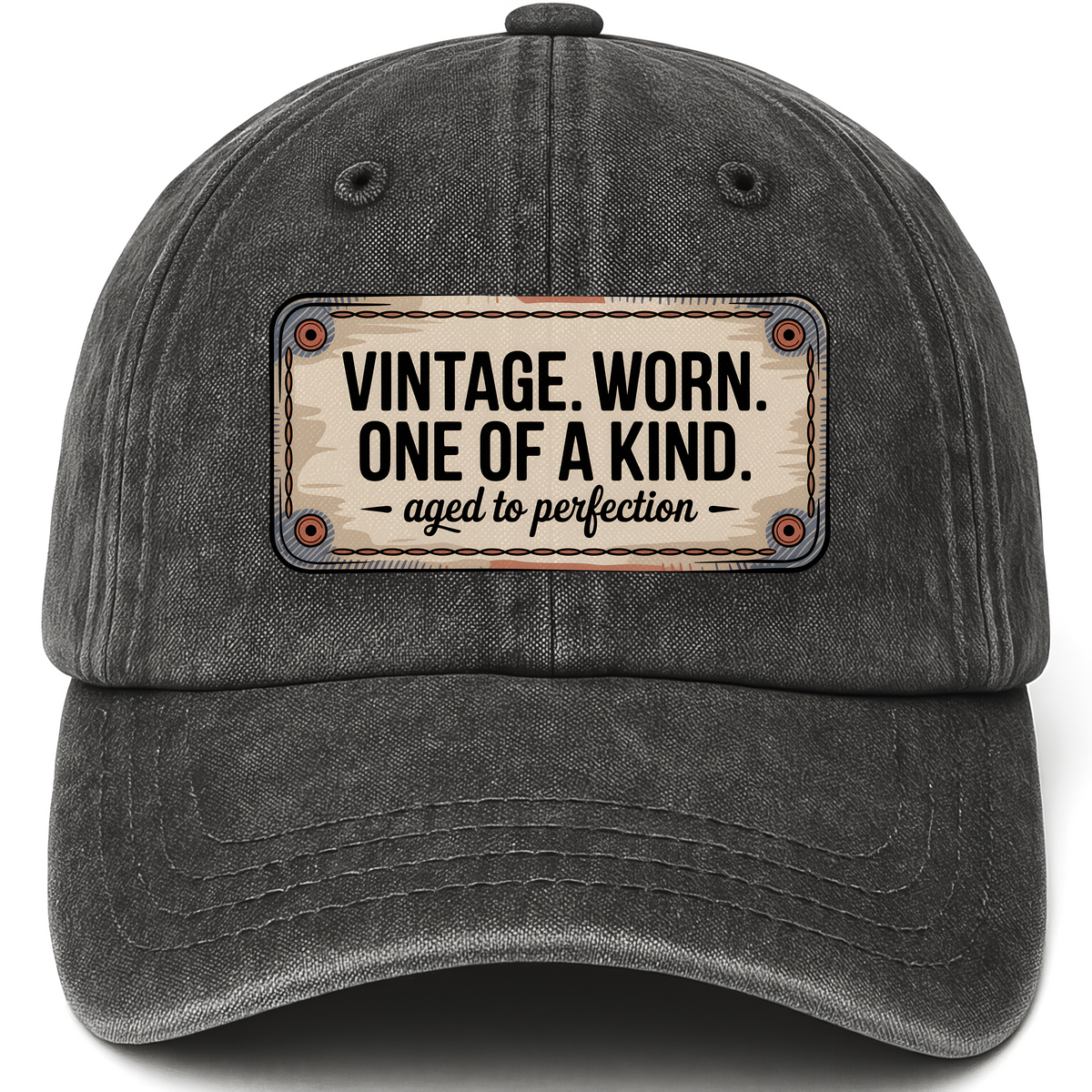 Black vintage washed cap with “Vintage. Worn. One Of A Kind. Aged To Perfection” Stitchplate Heritage Cap printed front desig