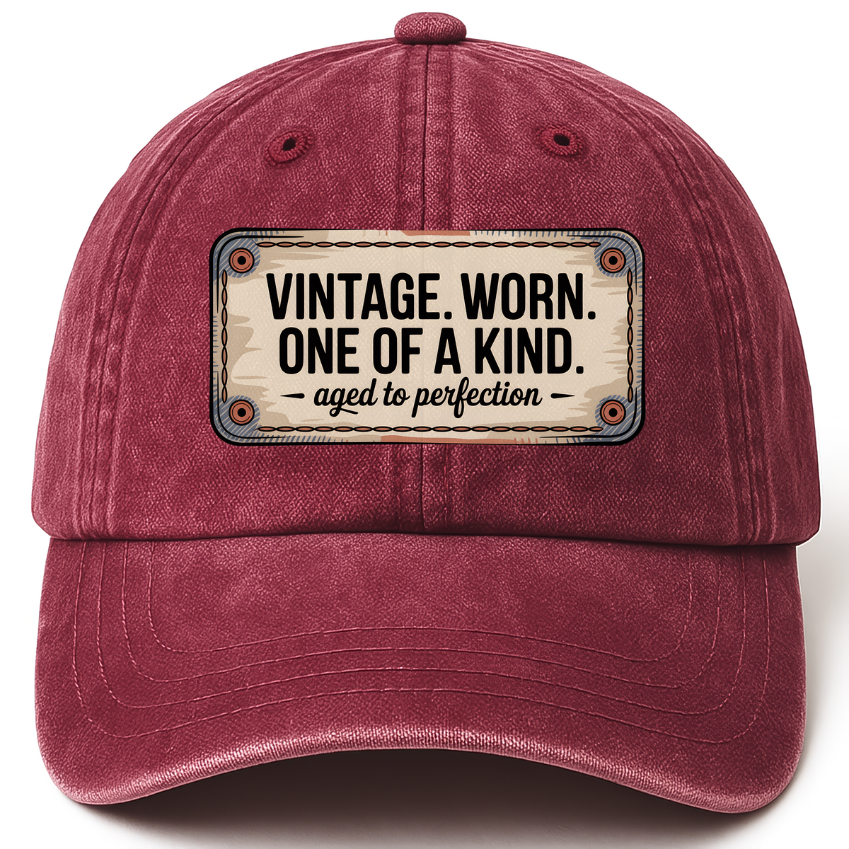 Wine Red vintage washed cap with “Vintage. Worn. One Of A Kind. Aged To Perfection” Stitchplate Heritage Cap printed front de