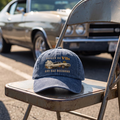 "Raised on V8s and Bad Decisions" Vintage Washed Cap