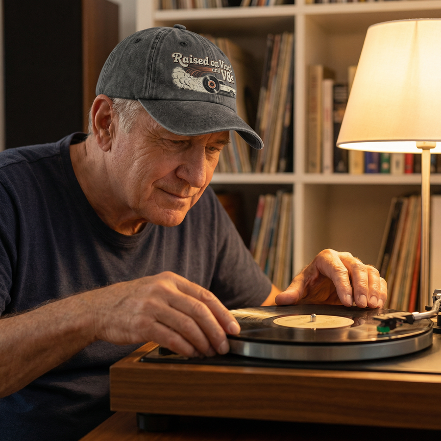 Senior man wearing charcoal Raised on Vinyl and V8s printed cap
