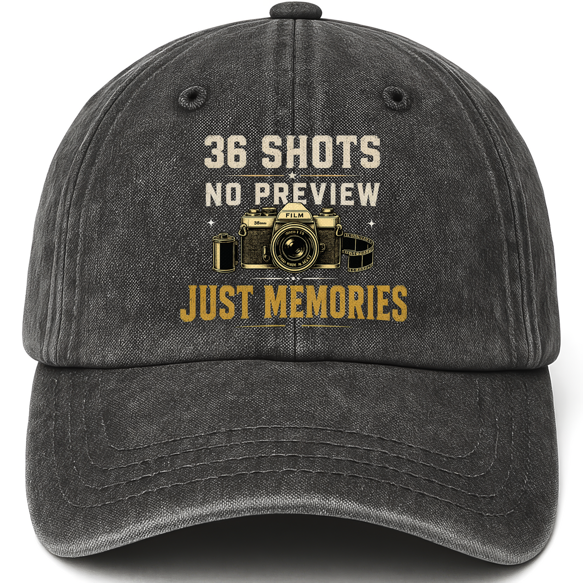 Black vintage washed cap with 36 Shots. No Preview. Just Memories printed front design