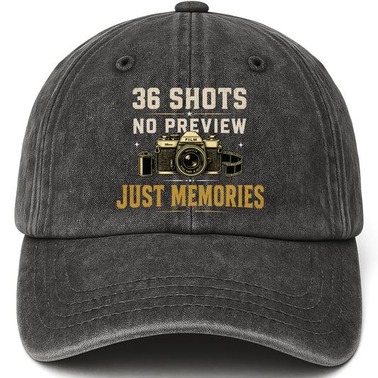 Black vintage washed cap with 36 Shots. No Preview. Just Memories printed front design