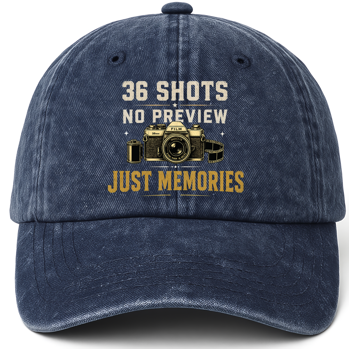 Navy vintage washed cap with 36 Shots. No Preview. Just Memories printed front design