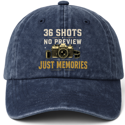 Navy vintage washed cap with 36 Shots. No Preview. Just Memories printed front design