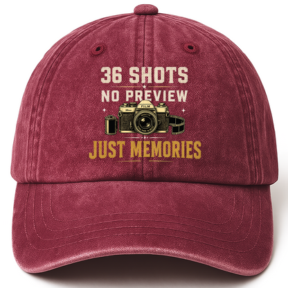 Wine Red vintage washed cap with 36 Shots. No Preview. Just Memories printed front design