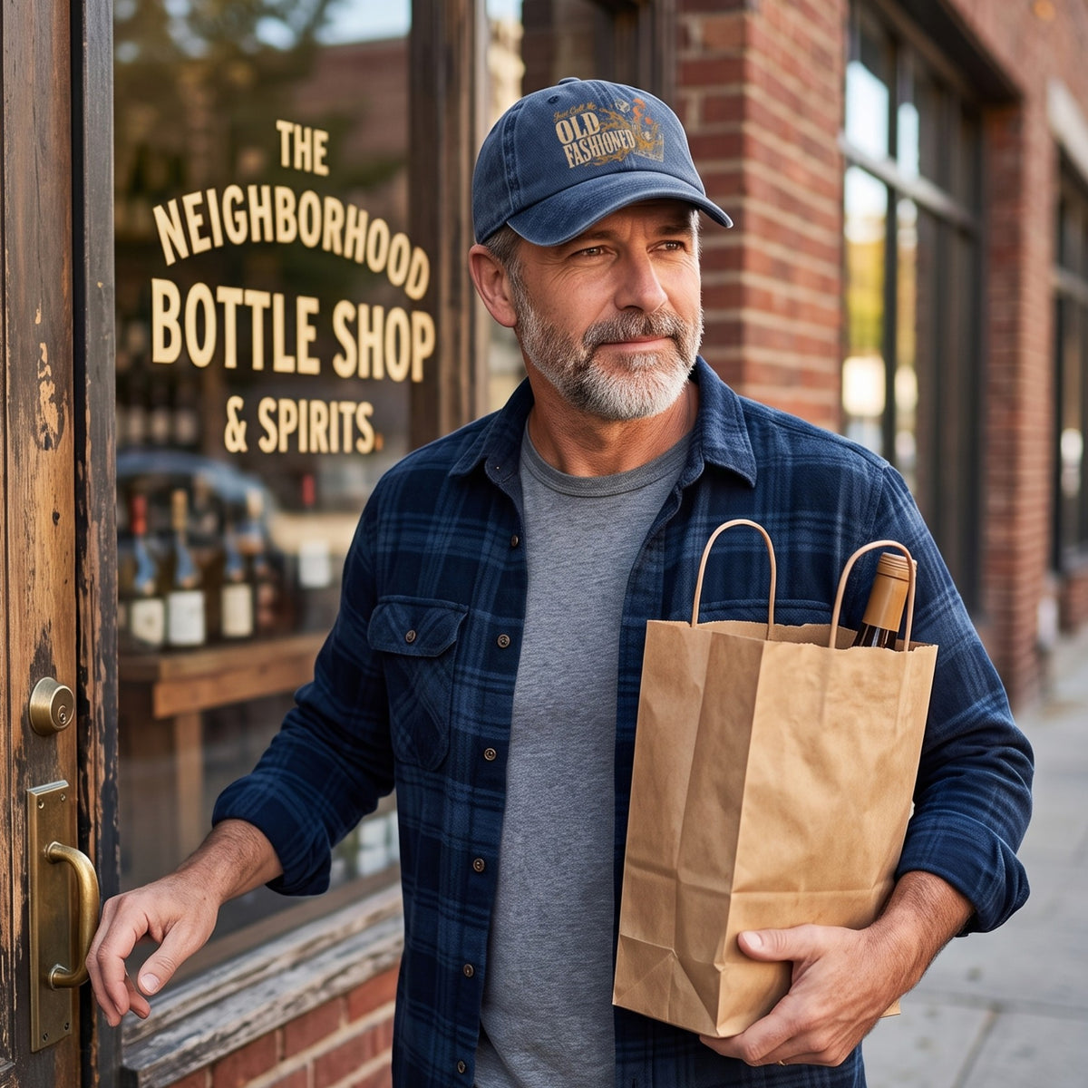 Man wearing navy cap carrying paper bags outside neighborhood bottle shop