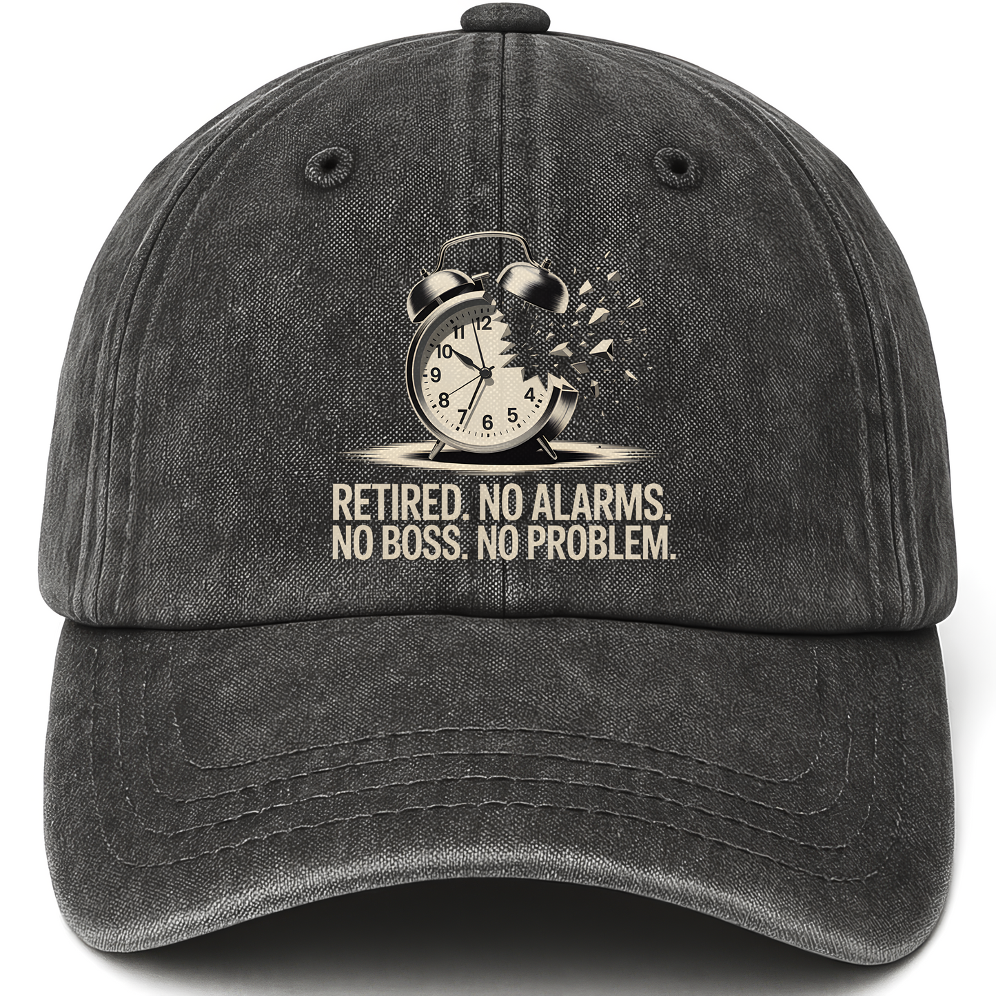 Black vintage washed cap with “Retired. No Alarms. No Boss. No Problem.” Break Time Classic Cap printed front design