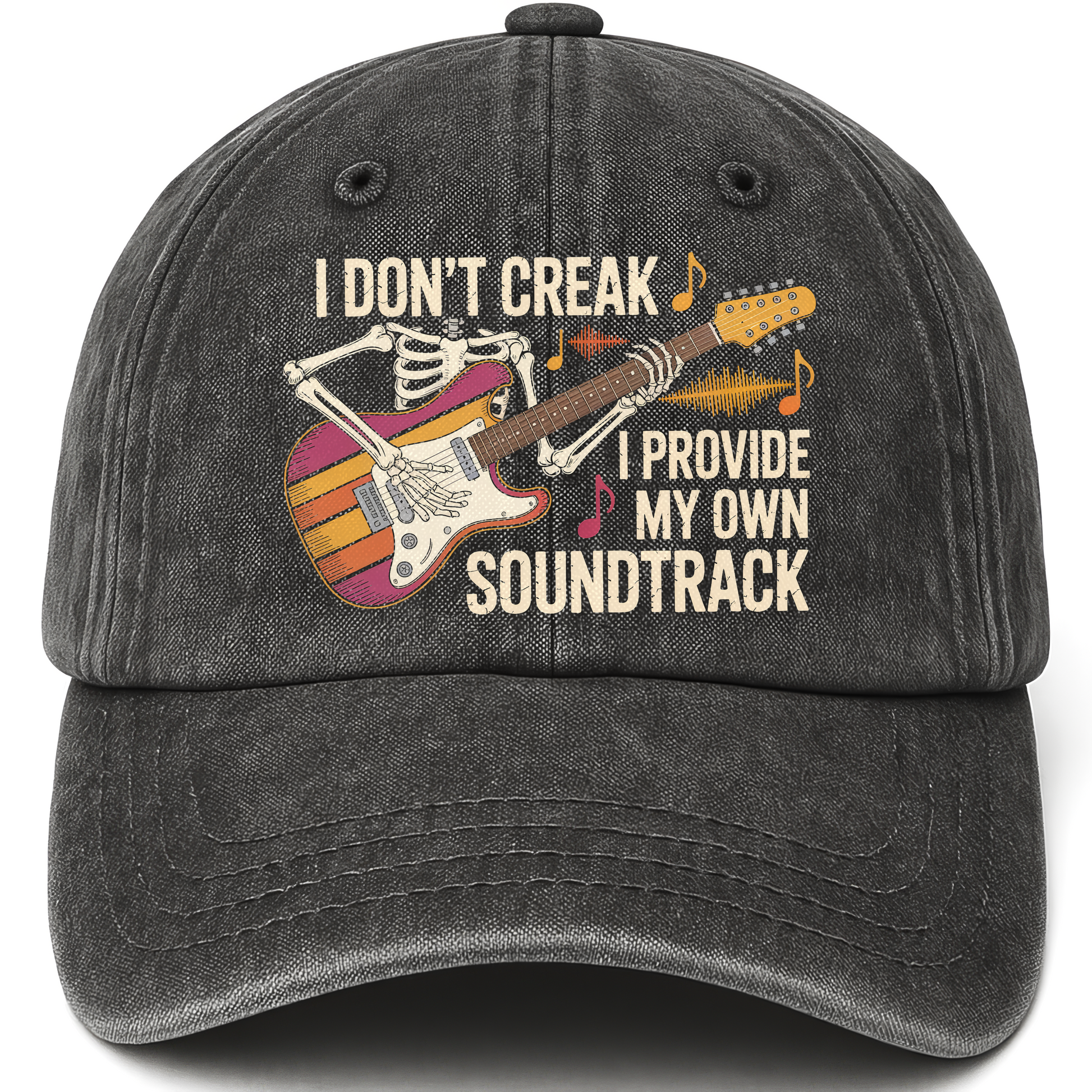 Black vintage washed cap with I Don't Creak. I Provide My Own Soundtrack printed front design