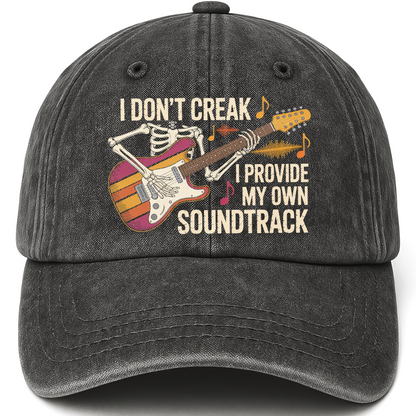 Black vintage washed cap with I Don't Creak. I Provide My Own Soundtrack printed front design