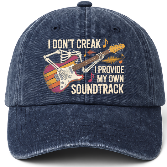 Navy vintage washed cap with I Don't Creak. I Provide My Own Soundtrack printed front design