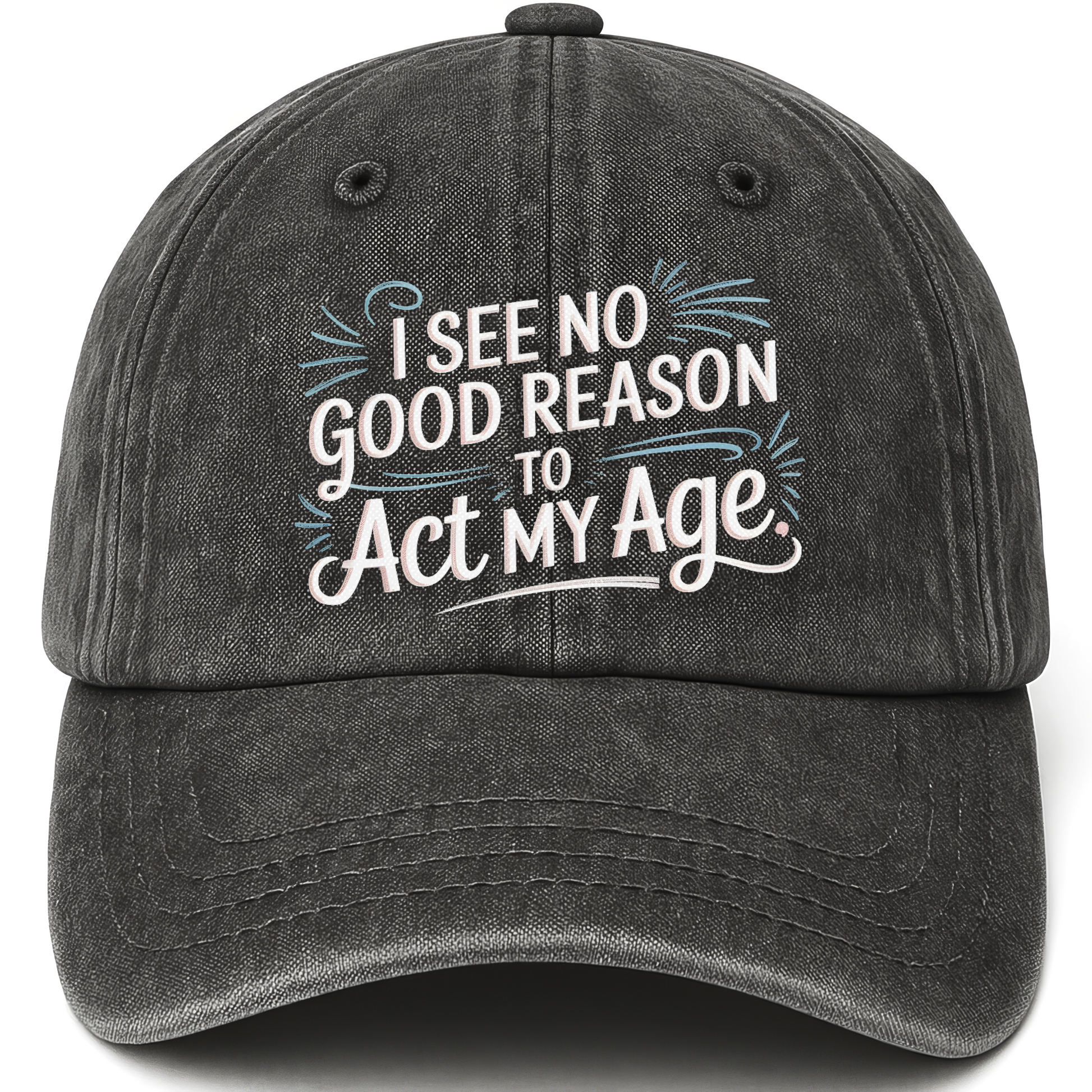 Black vintage washed cap with Young at Heart printed front design
