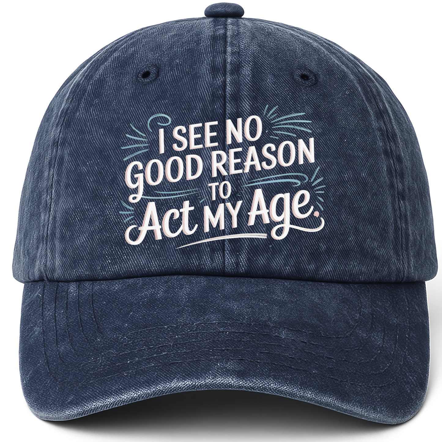 Navy vintage washed cap with Young at Heart printed front design