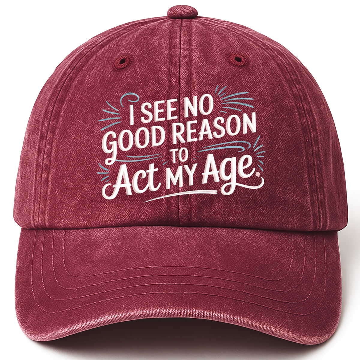 Wine Red vintage washed cap with Young at Heart printed front design