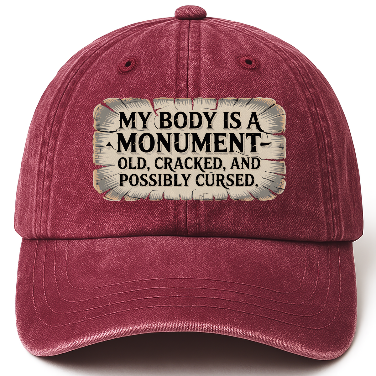 Wine Red vintage washed cap with Ancient Wonder printed front design