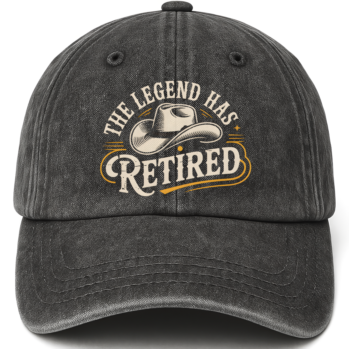 Black vintage washed cap with “The Legend Has Retired” Western Signage Legacy Cap printed front design
