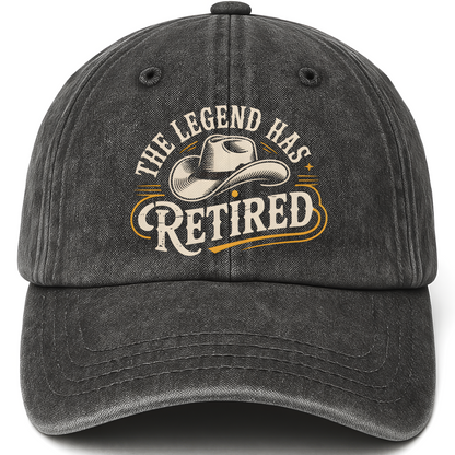 Black vintage washed cap with “The Legend Has Retired” Western Signage Legacy Cap printed front design