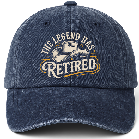 Navy vintage washed cap with “The Legend Has Retired” Western Signage Legacy Cap printed front design