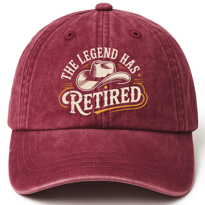 Wine Red vintage washed cap with “The Legend Has Retired” Western Signage Legacy Cap printed front design