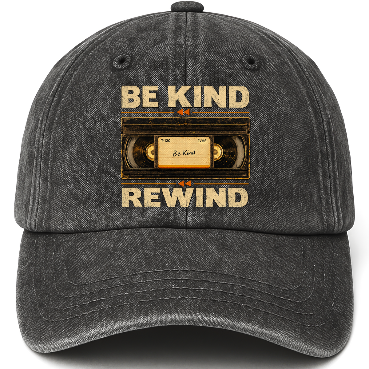 Black vintage washed cap with Be Kind Rewind printed front design