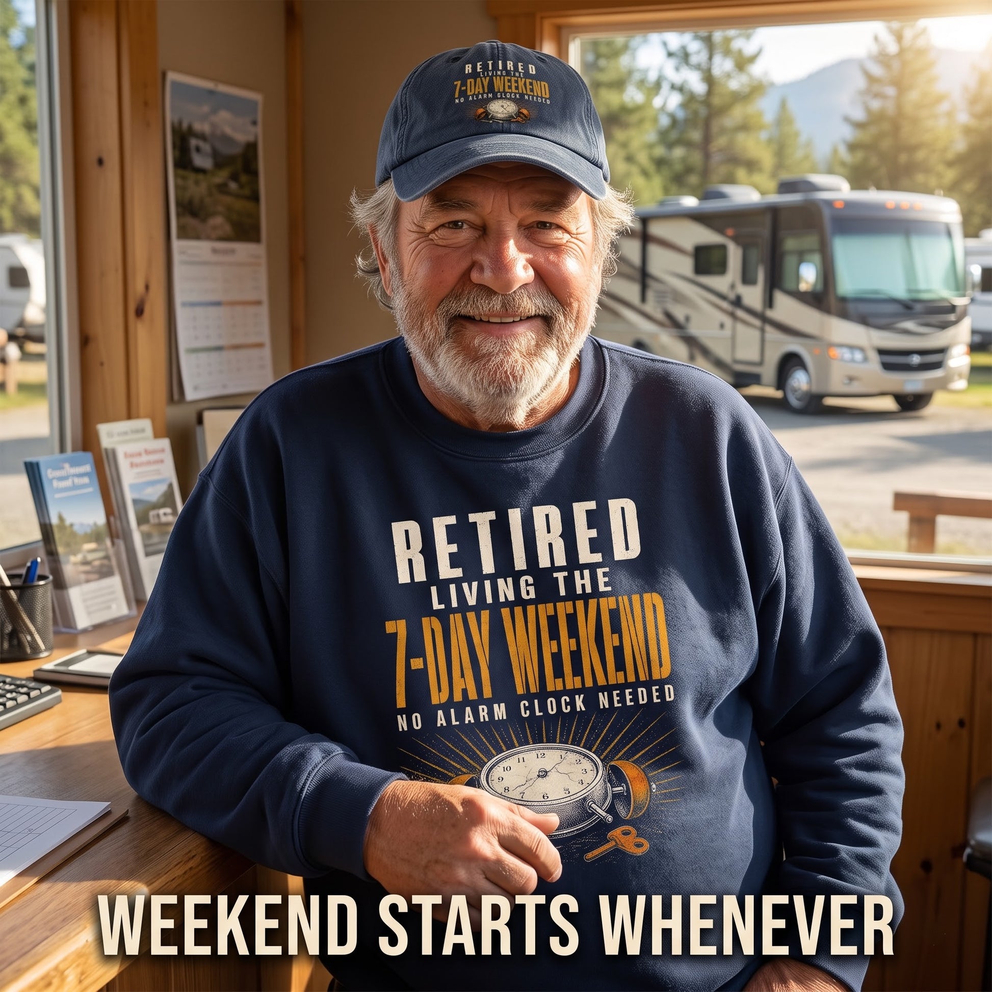 Model wearing navy sweatshirt with Retired. Living the 7-Day Weekend. No Alarm Clock printed graphic
