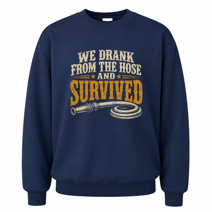 Navy vintage sweatshirt with We Drank From The Hose and Survived printed front design