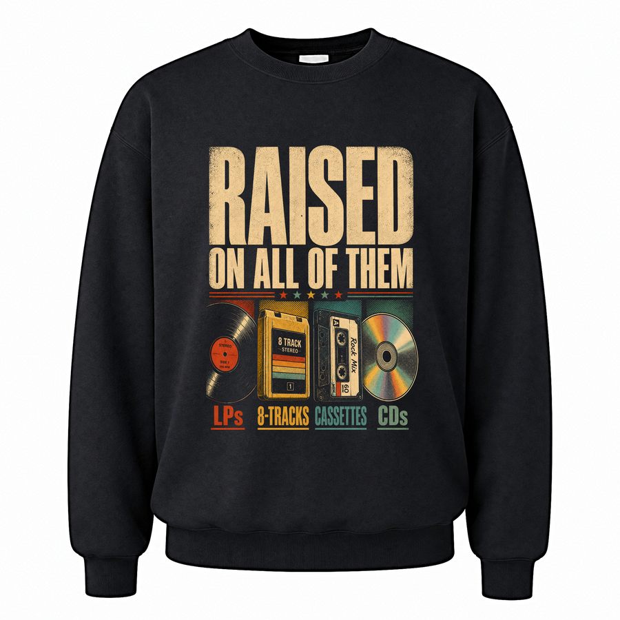 Black vintage sweatshirt with Raised on All of Them printed front design