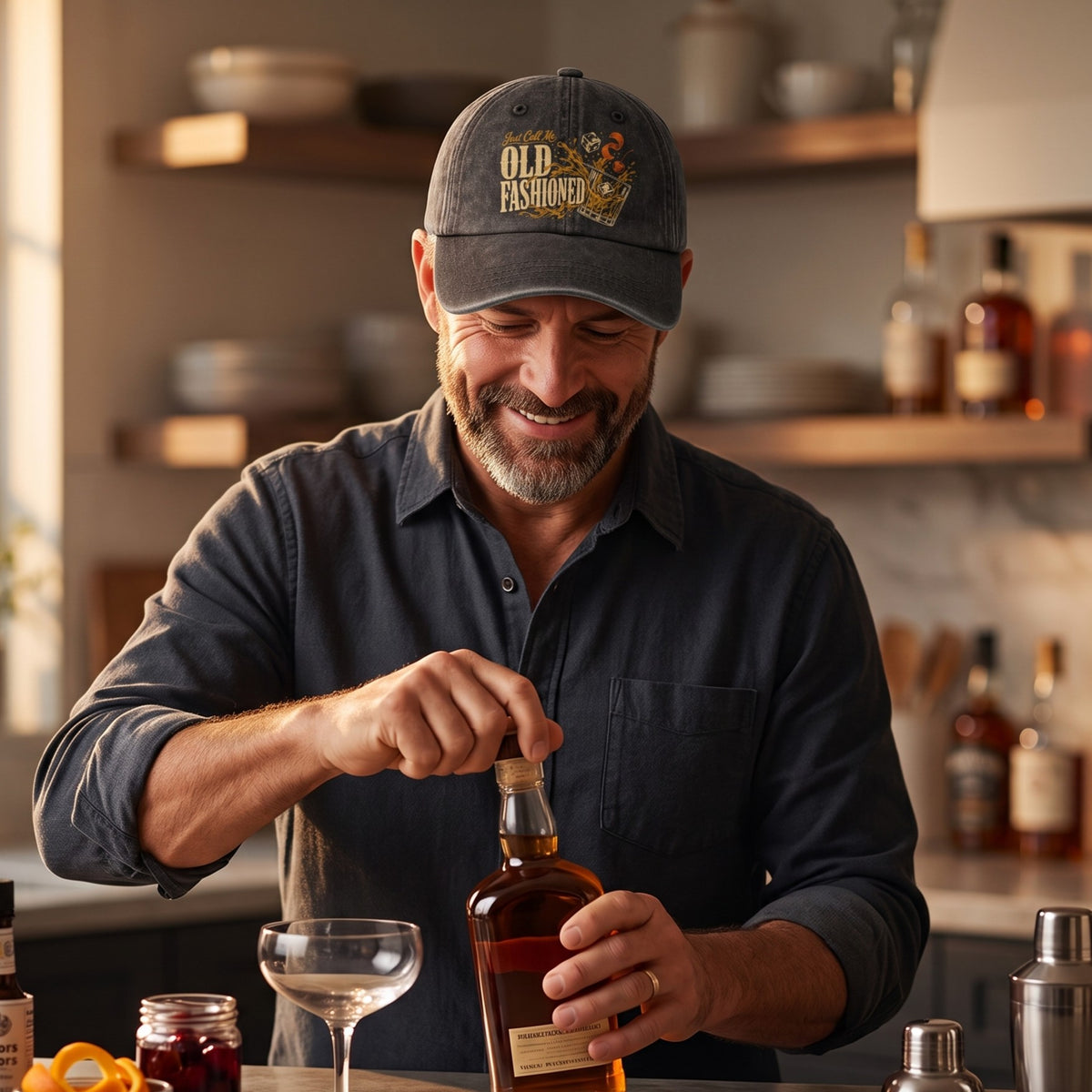 Man wearing black cap while opening liquor bottle behind home bar
