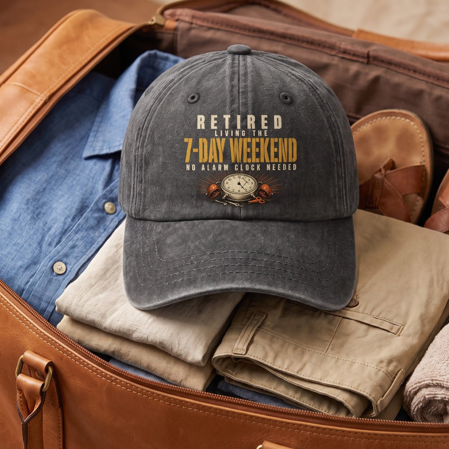 "Retired. Living the 7-Day Weekend. No Alarm Clock Needed" Vintage Washed Cap