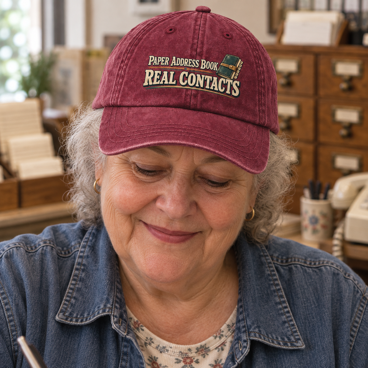 "Paper Address Book. Real Contacts" Vintage Washed Cap