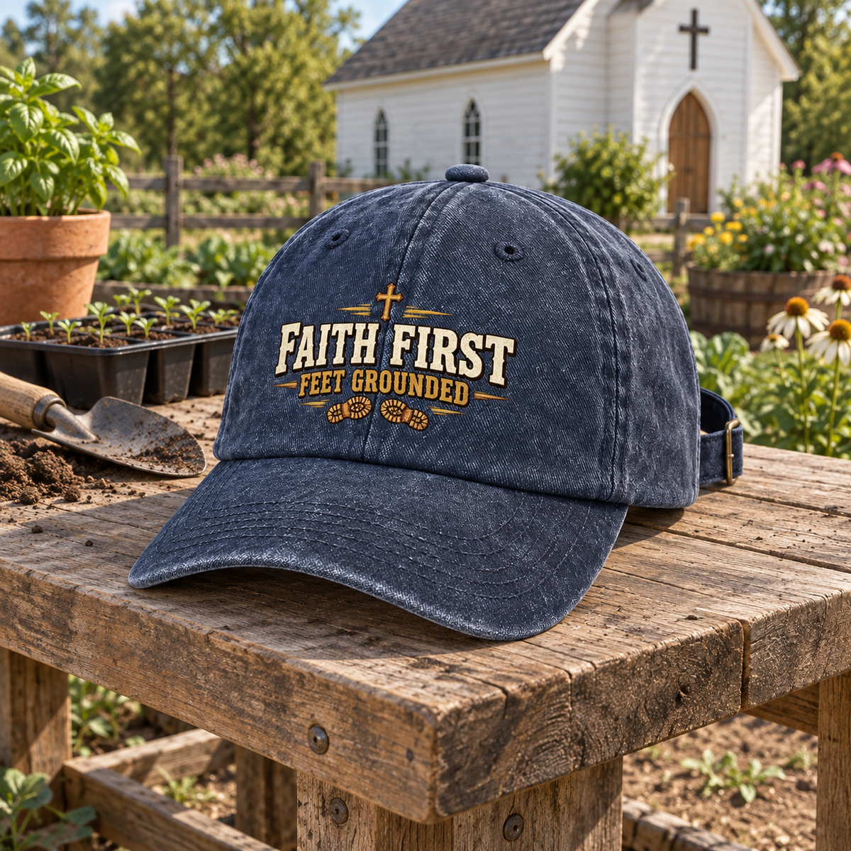 "Faith First. Feet Grounded" Vintage Washed Cap
