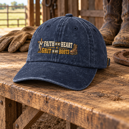 "Faith In My Heart. Grit In My Boots" Vintage Washed Cap